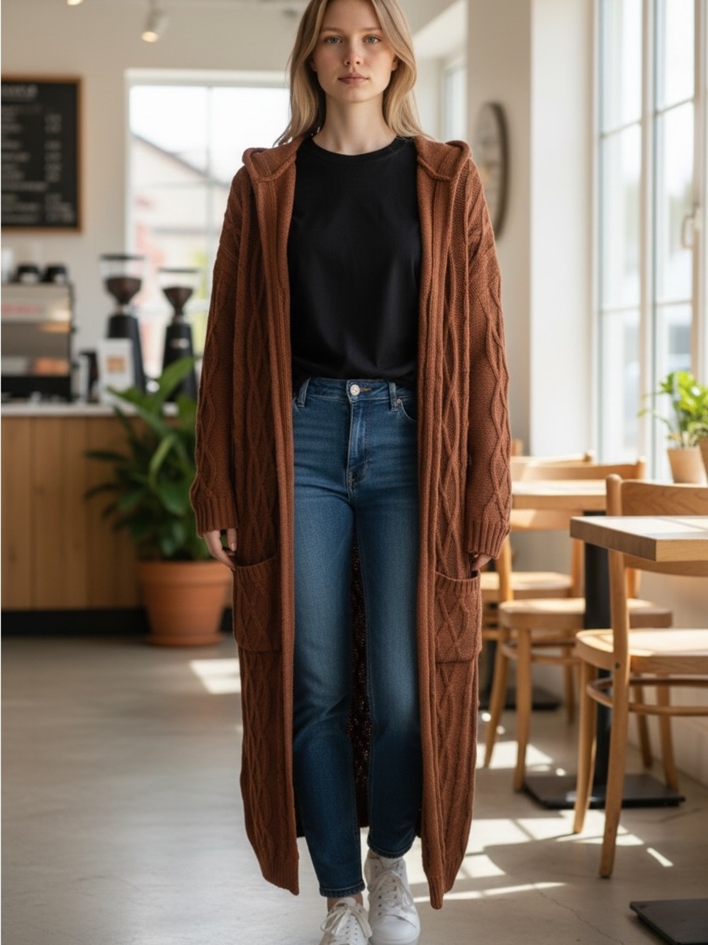 Long Cable Knit Hooded Cardigan - Rust Brown